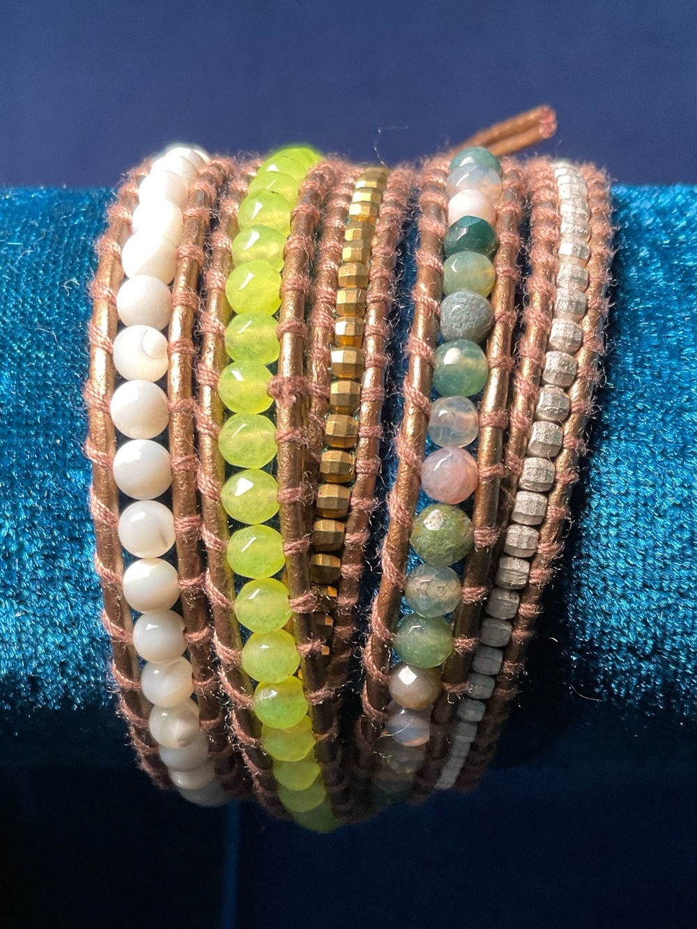 Handcrafted Multi-Row Beaded Wrap Bracelet in Green, White & Earth Tones